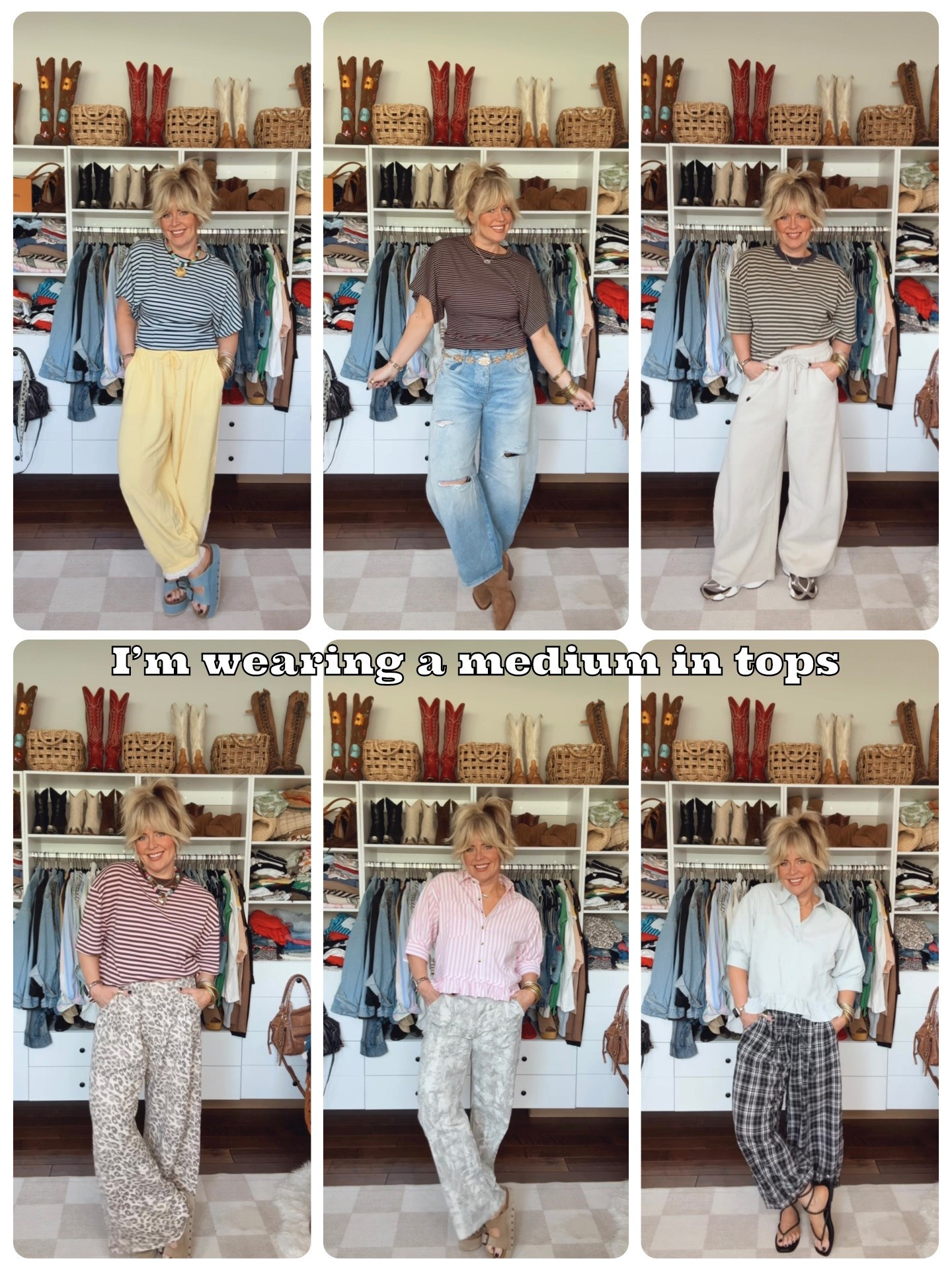 These tops are adorable, affordable, and perfect for everyday. I’m in a medium in all of them. 
•Yellow pants M
•Distressed barrel jeans sized down one 
•Light tan barrel elastic pants M
•Leopard Aerie pants M
•Camo pants M
•Plaid balloon pants M

#LTKOver40 #LTKgrwm