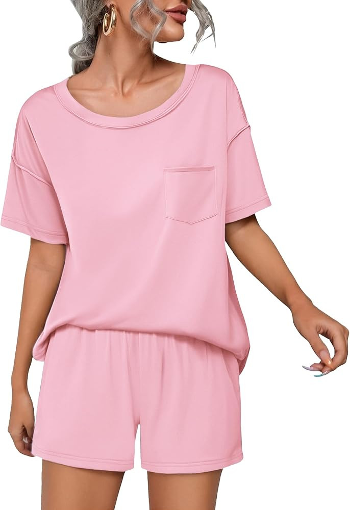 Ekouaer womens Pajama Set 2 Piece Lounge Set Short Sleeve Tops and Shorts Soft Sleepwear S-XXL | Amazon (US)