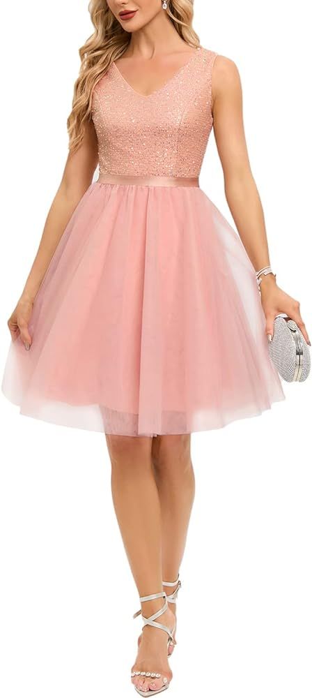 Meetjen Sequin Prom Dress for Teens Short Tulle V Neck Semi Formal Dress A-line Cocktail Party Dr... | Amazon (US)
