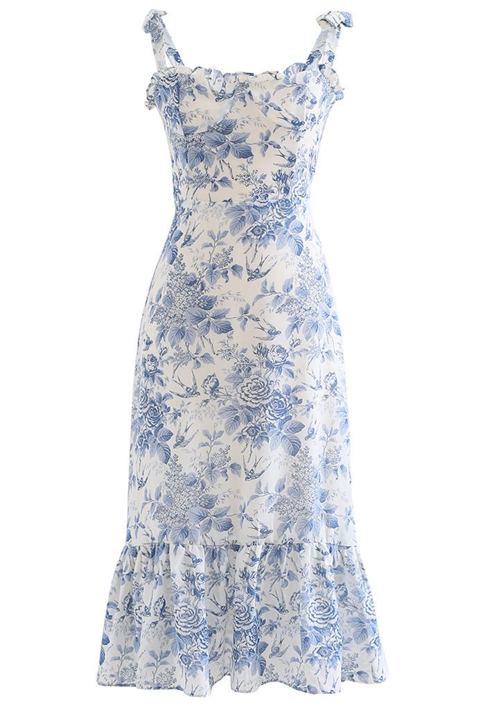Swallow and Rose Printed Tie-Strap Midi Dress | Chicwish