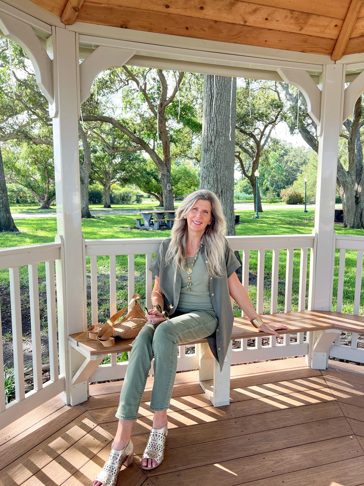 Trending Olive Green! Super soft pull on stretchy jeans that are so comfortable, ribbed tank top, short sleeve tencel button shirt, gold cuff bracelet & gold open top e wedge with cushioned sole. Love the styling options with these pieces! Day outfit to night out look. Petite & Misses & Other colors available. #ltkwomens #falloutfit #olivegreen #goldaccessories #ltktravel

#LTKStyleTip #LTKPetite #LTKShoeCrush