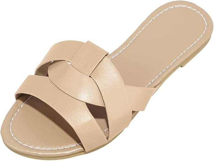 Husmeu Women's Summer Flat Slides Sandals Casual Strap Cross Slip On Sliders Beach Flat Sandals f... | Amazon (US)
