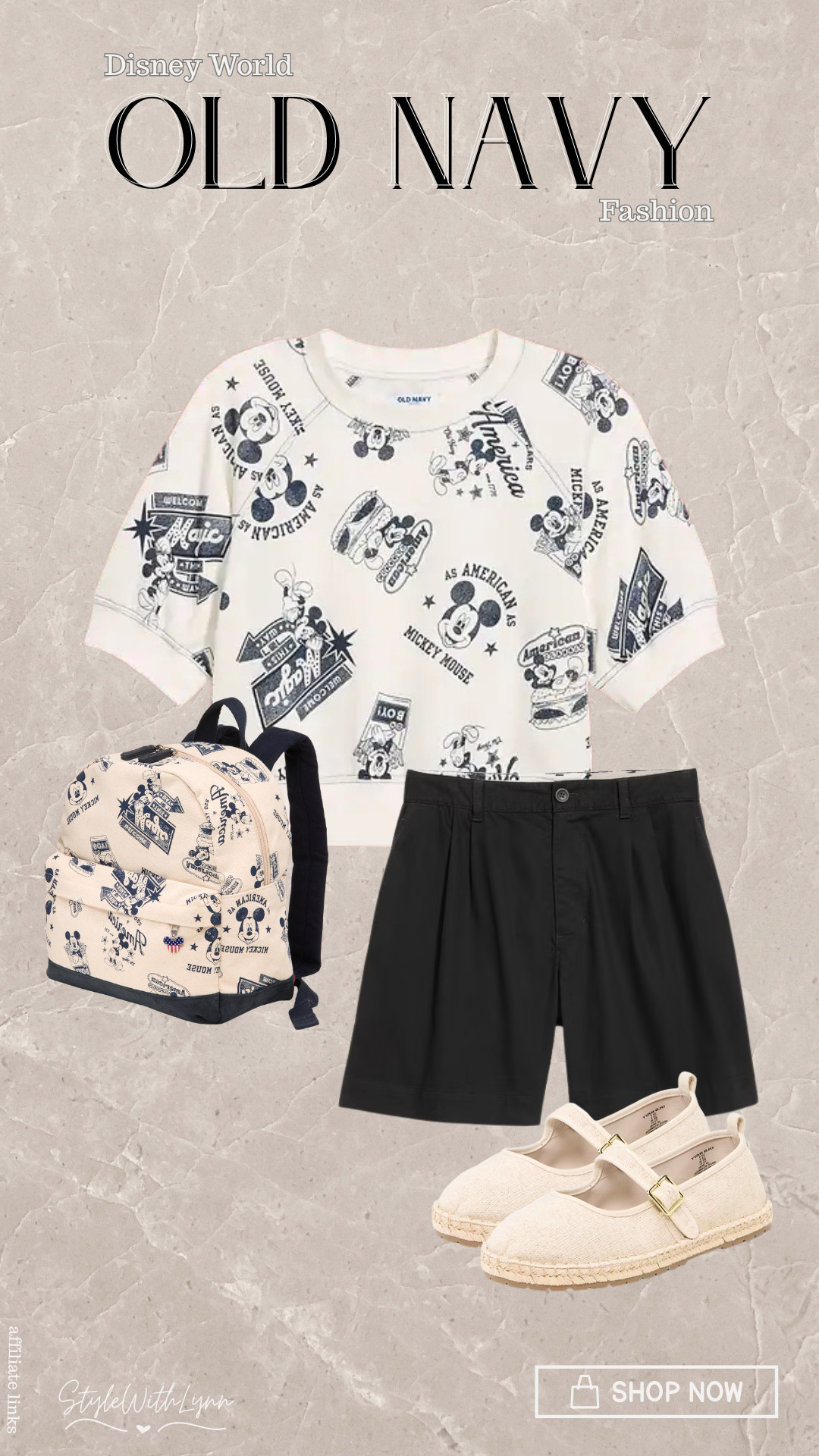 Obsessed with this Disney World‑inspired Old Navy look! The perfect mix of comfy, cute, and totally park‑ready. The Mickey Mouse graphic crop top, matching backpack, and neutral espadrilles make the ultimate Disney travel outfit. Add this to your Disney packing list immediately. 

 #DisneyStyle #OldNavyFinds #DisneyParksOutfit #MickeyMouseOutfit #DisneyTravelEssentials #LTKdayinmylife #LTKootd #LTKTravel