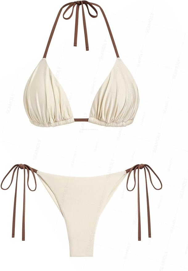 seamoly Contrast Binding Textured Halter Triangle Tie Side Bikini Set | Amazon (US)