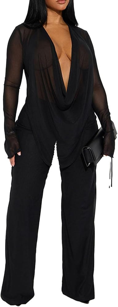 Women's Sexy 2 Piece Outfits Mesh See Through Deep V Neck Top and Long Pants Set Going Out Club O... | Amazon (US)
