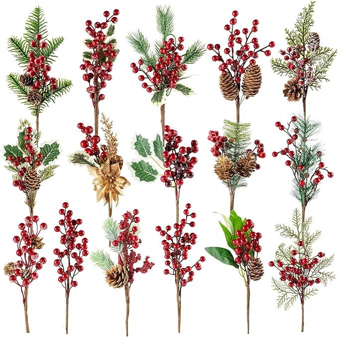 Fessary 16 Pieces 8-13 Inch Artificial Christmas Red Berry Picks Pine Berry Branches Flower Pick ... | Amazon (US)