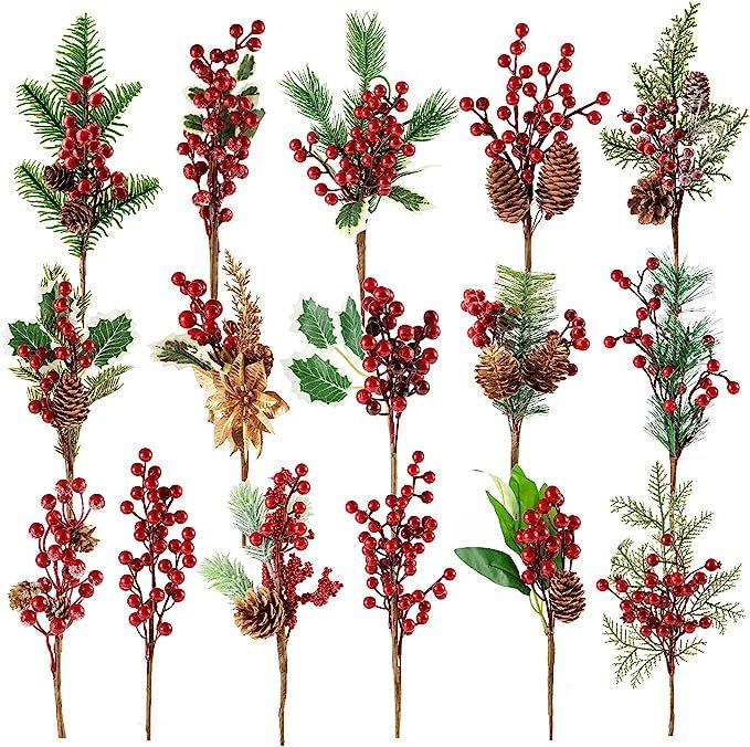 Fessary 16 Pieces 8-13 Inch Artificial Christmas Red Berry Picks Pine Berry Branches Flower Pick ... | Amazon (US)