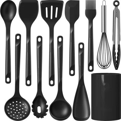 Silicone Cooking Utensils Set - 600°F Heat Resistant, Nonstick Kitchen Utensil Set With Spatulas, Spoons, Whisk, Tongs, BPA Free, Dishwasher Safe, Bla | Wayfair North America