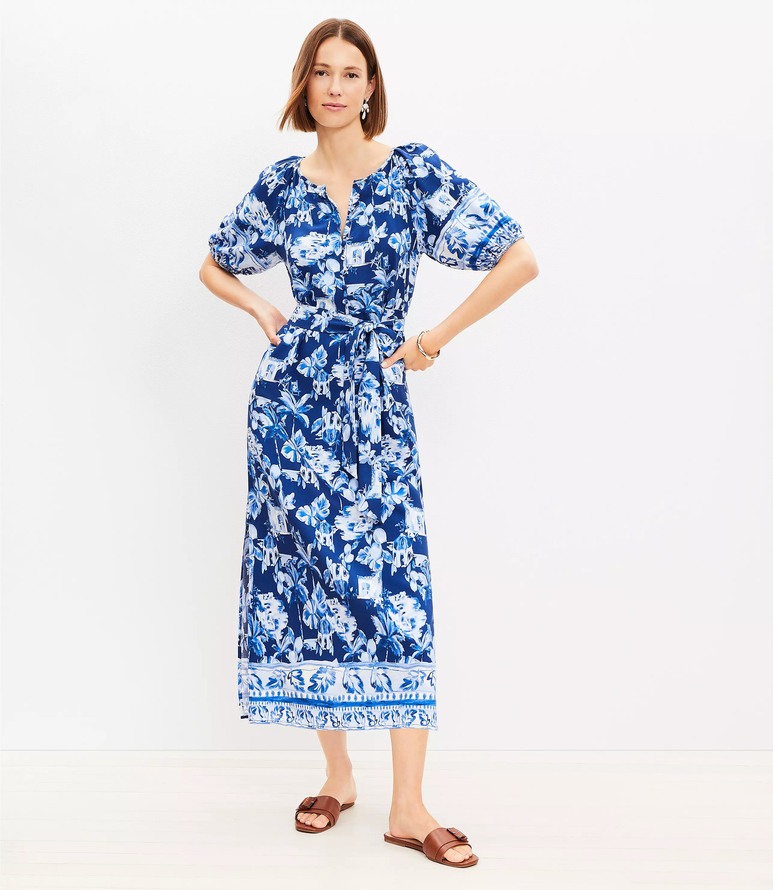 Corfu Weekend Puff Sleeve Midi Dress | LOFT
