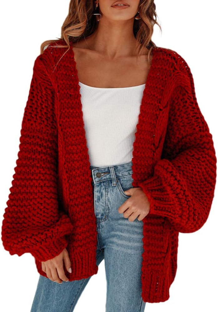 Cicy Bell Women's Open Front Chunky Knit Cardigan Loose Lantern Sleeve Oversized Sweater Coats | Amazon (US)