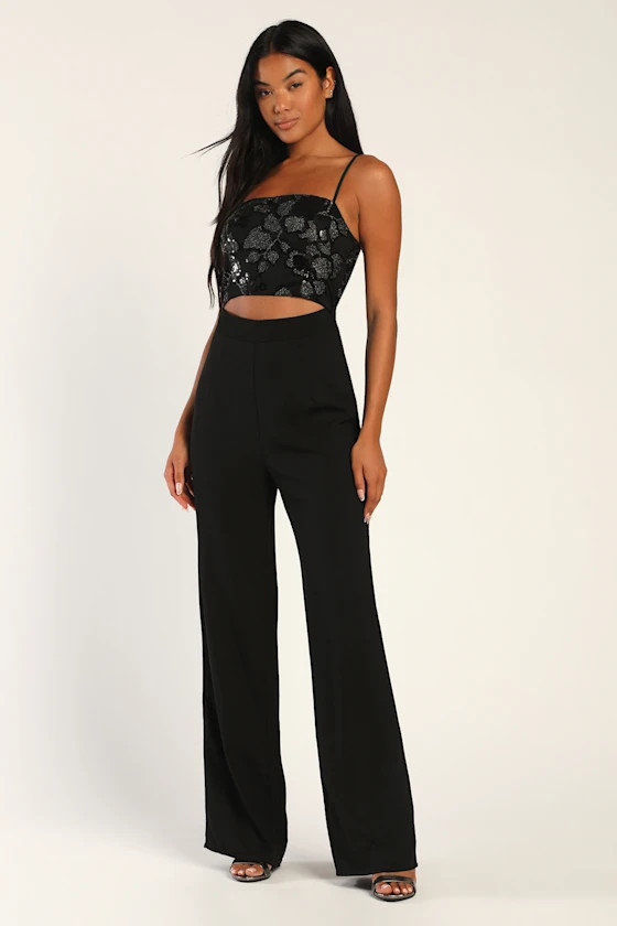 All-Nighter Black Sequin Cutout Wide-Leg Jumpsuit | Lulus (US)