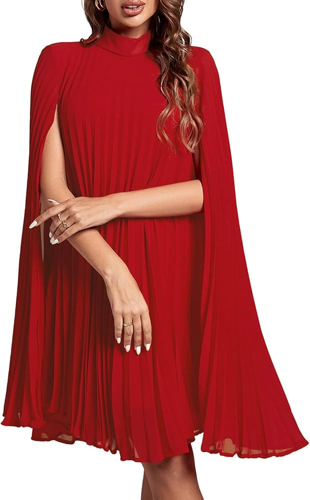 Rooscier Women's Mock Neck Cloak Sleeve Pleated Keyhole Back Flowy Party Midi Dress | Amazon (US)