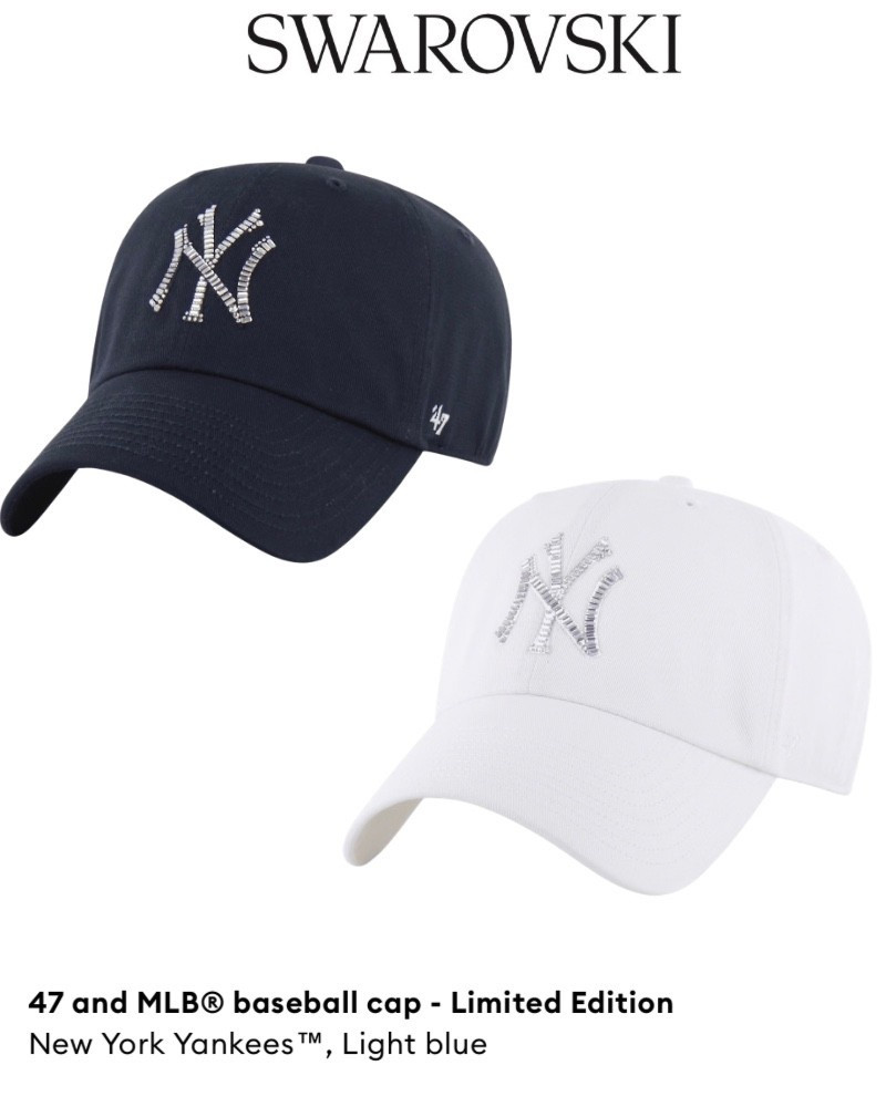 New arrivals at Swarovski, Yankee baseball cap comes in four colors, blue, white, pink, hat, sports.