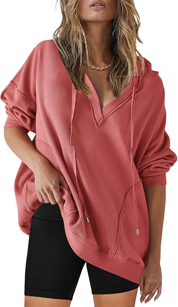 SENSERISE Womens Oversized Hoodies V Neck Drawstring Long Sleeve Waffle Knit Tops Lightweight The... | Amazon (US)