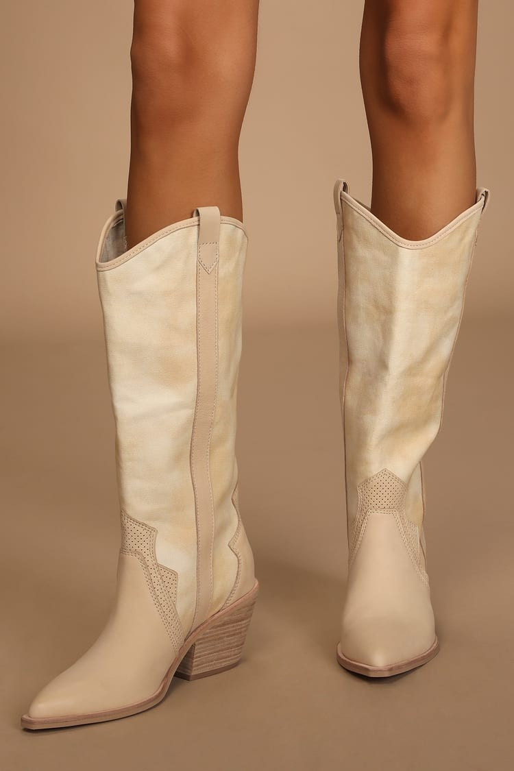 Vanilla Nubuck Leather Slip-On Knee-High Boots | White Western Boots | Western Outfit | Lulus (US)