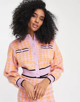 River Island houndstooth check bomber cardigan in orange - part of a set | ASOS (Global)