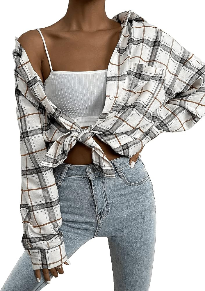SweatyRocks Women's Long Sleeve Collar Long Button Down Plaid Shirt Blouse Tops | Amazon (US)