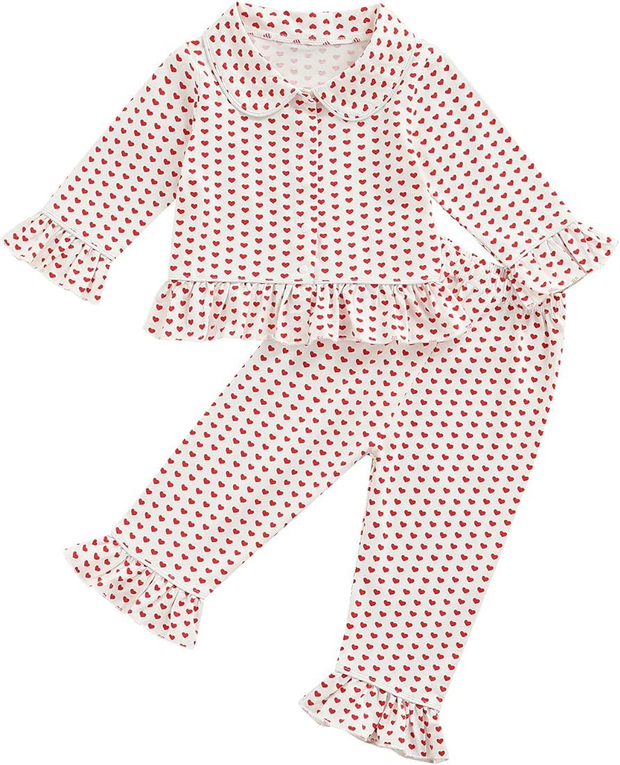 KMBANGI Toddler Baby Girl Two Piece Pajamas Set Long Sleeve Ruffle Button Down Pajamas Top Pants ... | Amazon (US)
