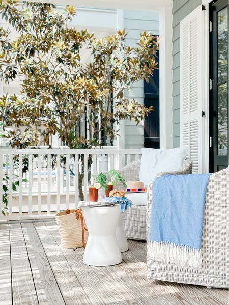 Front porch furniture, summer, wicker chairs, swivel chairs, classic furniture, patio style, Serena and Lily, wicker, swivel chair, front porch style, outdoor living, blue, throw blanke, tote bag of my

#LTKhome