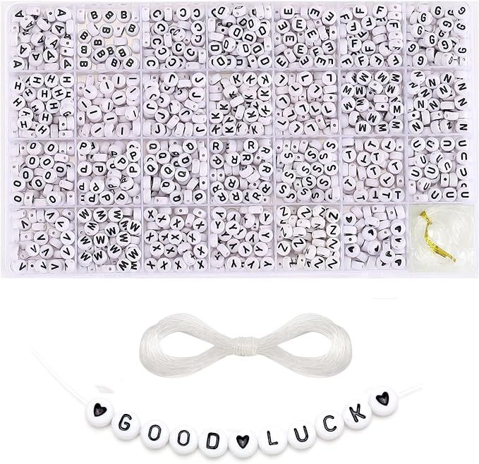 1400 Pieces 4x7mm White Round Acrylic Alphabet Letter Beads A-Z Heart Pattern Beads and Crystal L... | Amazon (US)