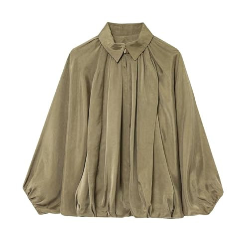 Xunger Women's Puffed Bomber Jacket Oversized Streetwear Casual Batwing Sleeve Lapel Collar Zip Front Pleated Shirts(1036-Green-M-RD) | Amazon (US)