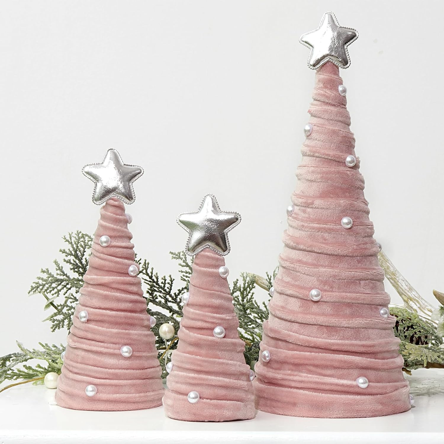 Bunny Chorus Christmas Decorations Indoor, 3Pcs Pink Velvet Cone Christmas Trees with Pearls Christmas Decor, Christmas Table Decor for Xmas New Year Winter Holiday Home Décor | Amazon (US)