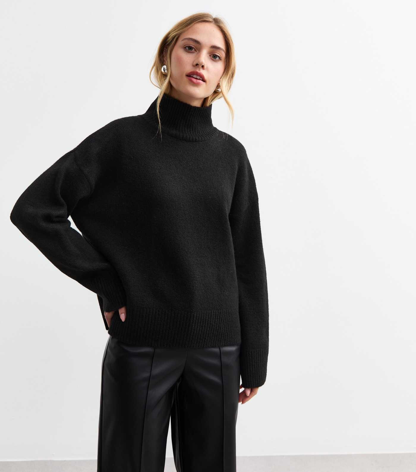 Black Knit Stand Collar Oversized Jumper | New Look | New Look (UK)