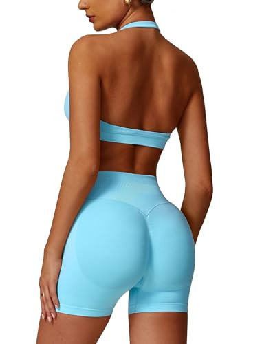 ABOCIW Womens Seamless Workout Sets Halter Sports Bra High Waist Scrunch Butt Impact Shorts 2 Piece Gym Set Ice Blue Medium | Amazon (US)
