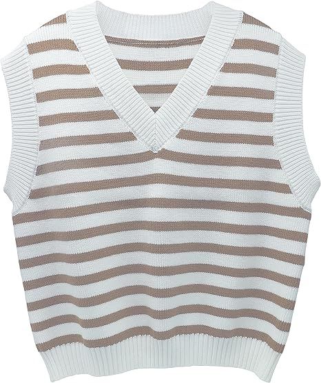 Nuieinu Sweater Vest Women Trendy Striped V-Neck Sleeveless Cropped Sweater Preppy Style Knit Ves... | Amazon (US)