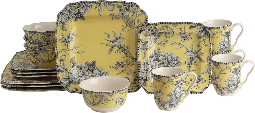 222 Fifth Adelaide Yellow 16-Piece Floral Porcelain Dinnerware Set | Microwave and Dishwasher Saf... | Amazon (US)
