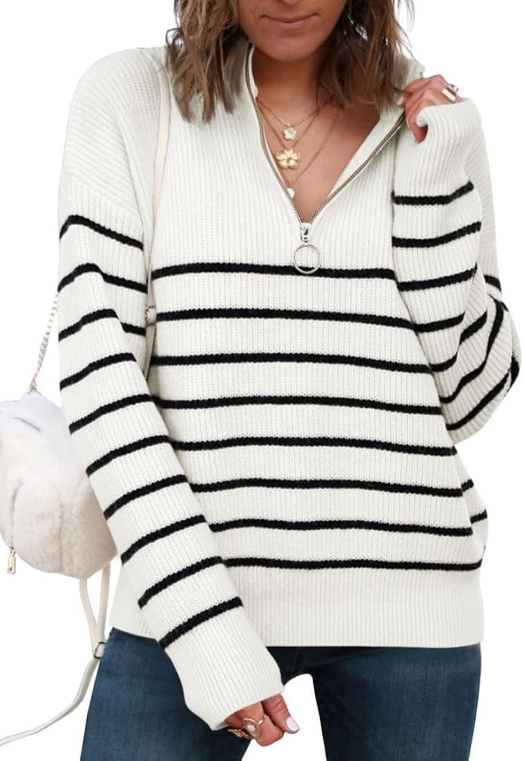 LILLUSORY Women's Fall Striped Oversized 2023 Pullovers Sweaters Half Zipper Casual Knit Tops | Amazon (US)