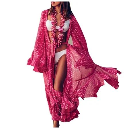 Fesfesfes Women s Beachwear Cover Up Hot Pink And White Dot Chiffon Coverups Beach Coat Sunscreen Bi | Walmart (US)