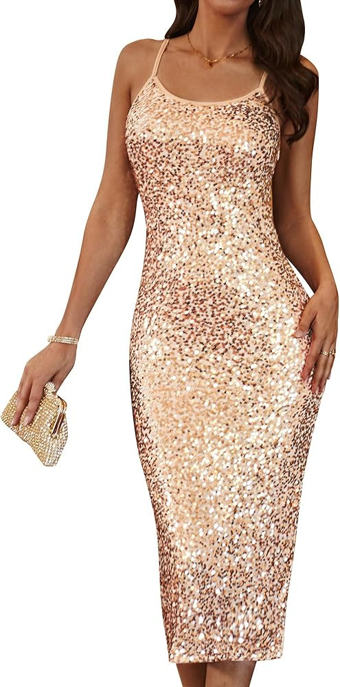 GRACE KARIN Womens Sequin Sparkly Dresses Formal Spaghetti Strap Midi Bodycon Dress Glitter Backl... | Amazon (US)