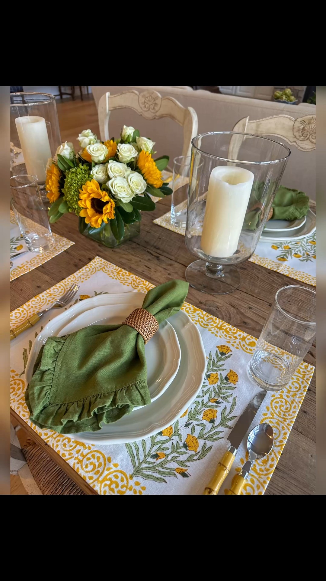 Beautiful- and reasonably priced- yellow and green table. I love these pretty placemats, napkins, silverware and the hurricanes!!

#LTKHome #LTKSeasonal #LTKParties