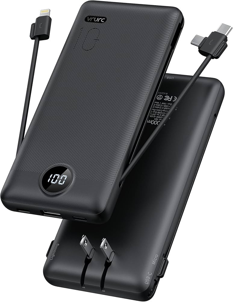 VRURC Portable Charger Built-in Cables and AC Wall Plug, USB C Power Bank 10000mAh, Travel Essent... | Amazon (US)