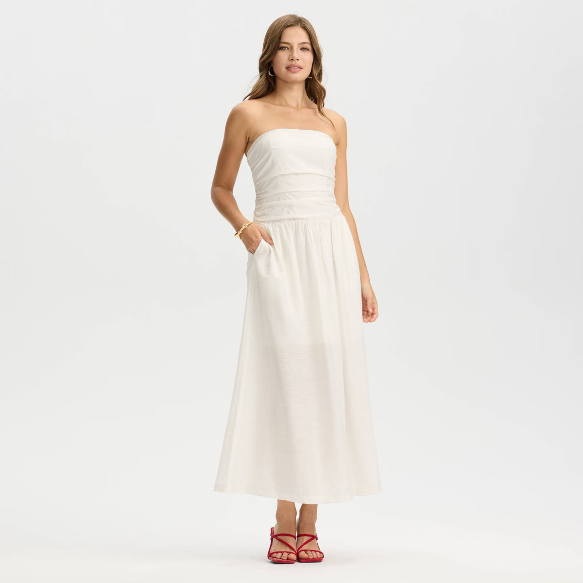 Women's Sleeveless Ruched Midi A-Line Dress - A New Day™ Cream XL | Target