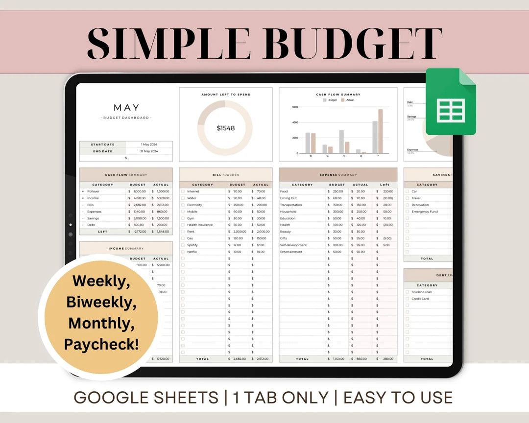 Monthly Budget Spreadsheet Google Sheets Budget Template Weekly Paycheck Dashboard Biweekly Budge... | Etsy (US)
