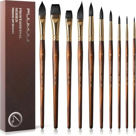 Watercolor Brushes Professional, Fuumuui 10Pcs Synthetic Squirrel Hair Watercolor Paint Brush Set for Artists - Flat, Round Pointed, Dagger, Cat's Tongue Oval Wash | Walmart (US)