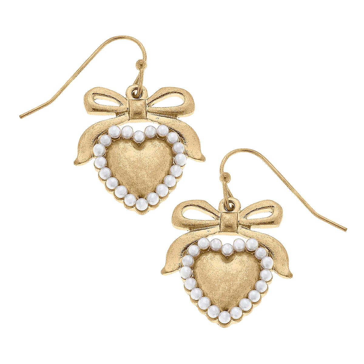 CANVAS Style x @ChappleChandler Molly Pearl Studded Heart & Bow Earrings in Worn Gold | CANVAS