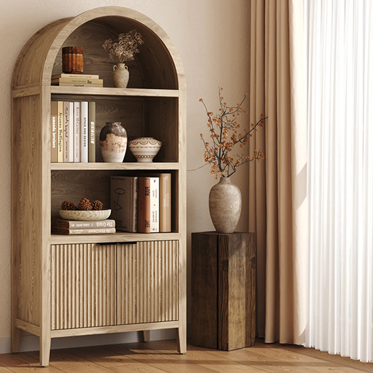 71" Tall  Arched Bookcase with Fluted Doors and Open Shelf | Wayfair North America