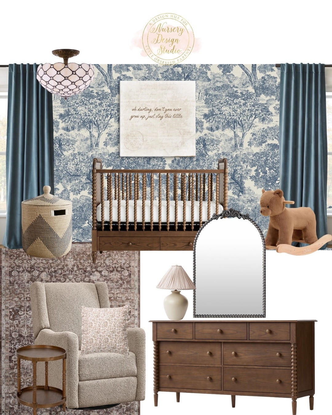 From the blue toile wallpaper and walnut spindle crib to the heirloom dresser, plush glider, and tailored velvet curtains, shop every designer-picked piece from this nursery.

#LTKSaleAlert #LTKHome #LTKBump