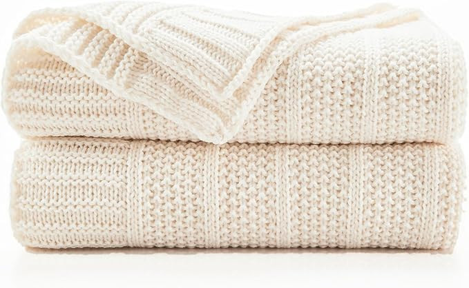 Douceur Cream Throw Blanket for Couch, Soft Cozy Lightweight Stripe Pattern Knitted Throw Blanket... | Amazon (US)
