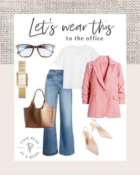 Basic white tee & jeans for the office, style tip. Tweed blazer. Spring blazer. 

#LTKSeasonal #LTKstyletip #LTKover40