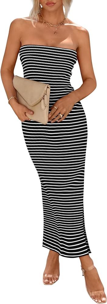 PRETTYGARDEN Womens Summer Bodycon Maxi Tube Dress Ribbed Strapless Side Slit Long Going Out Casu... | Amazon (US)