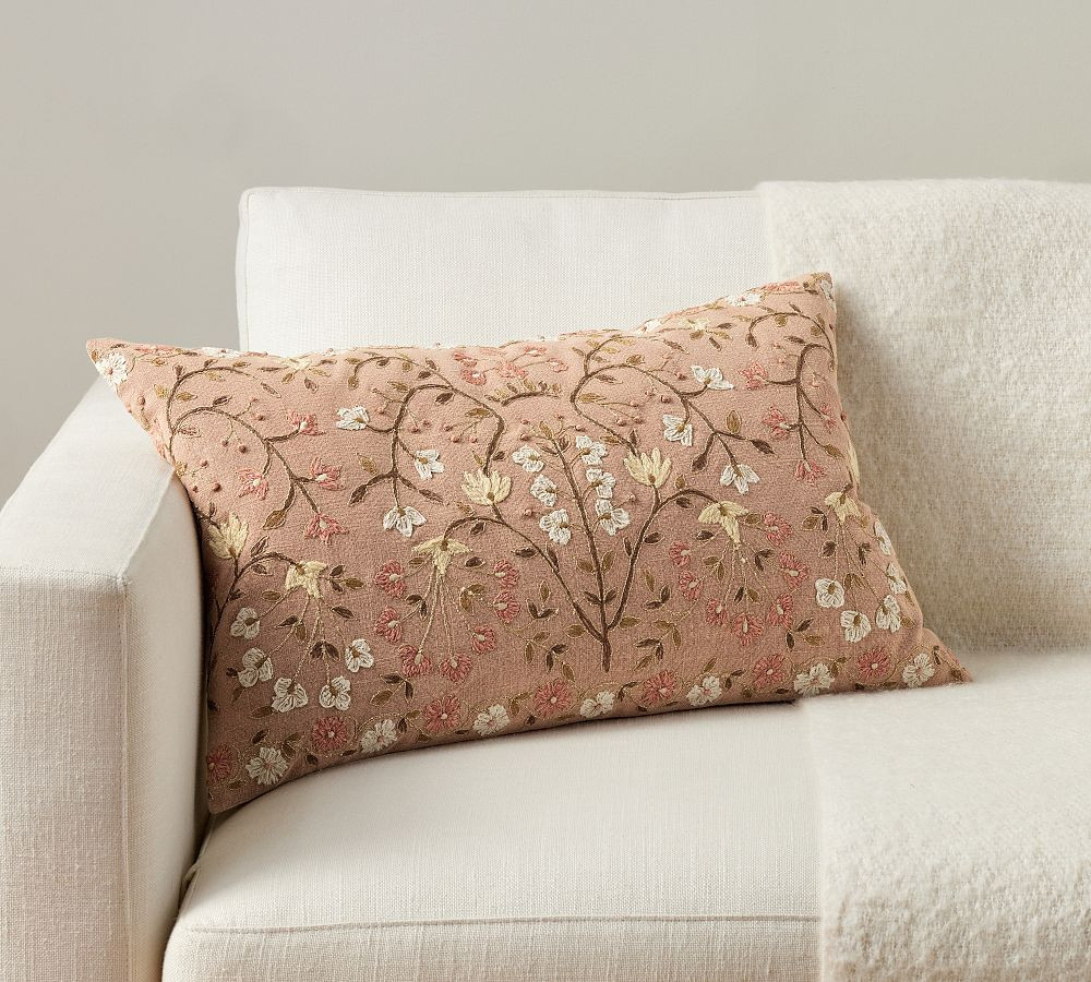 Zea Embroidered Lumbar Pillow Cover, 16 x 26"", Apricot Multi | Pottery Barn (US)
