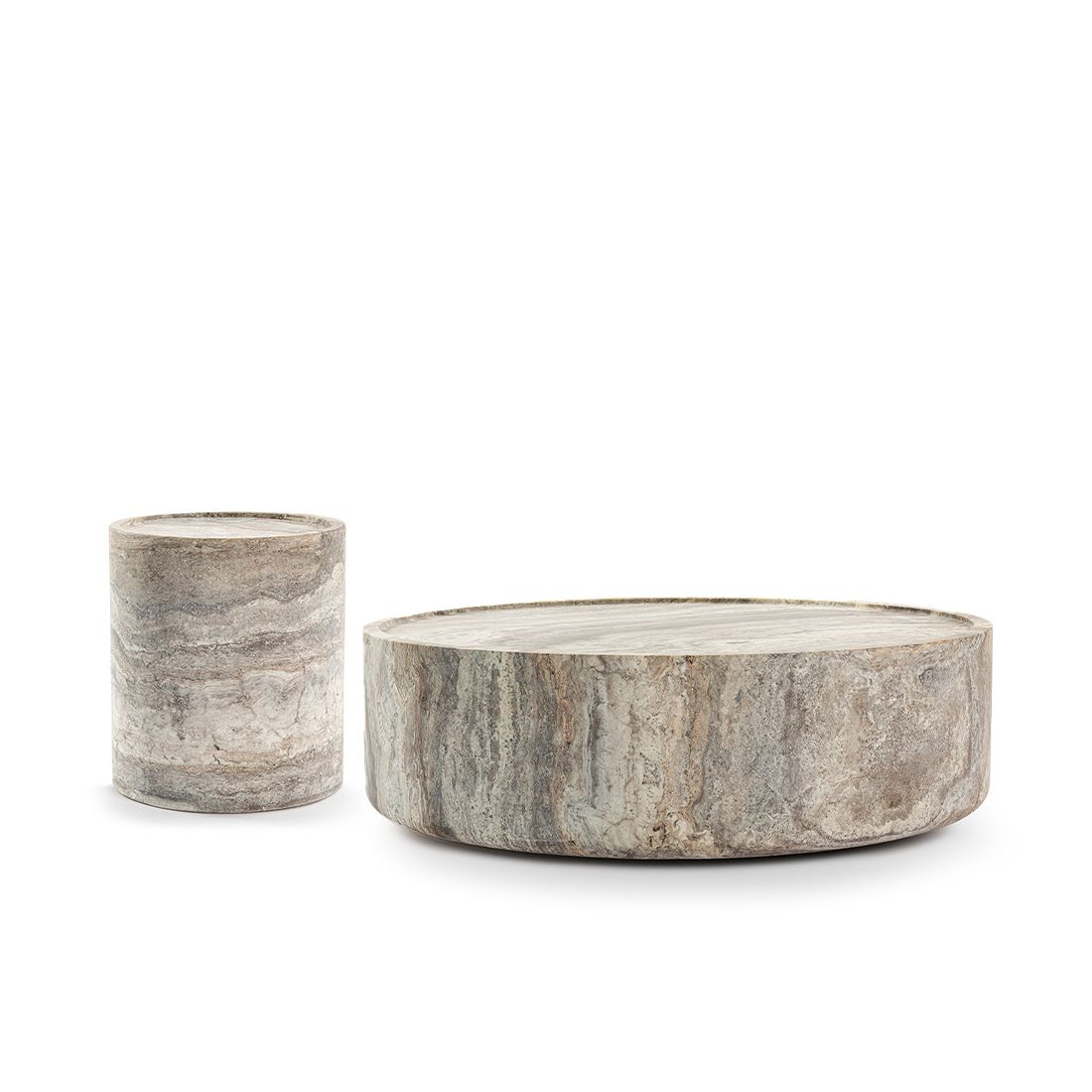 Alo Cylinder Travertine Drum Side Table & Coffee Table Set | Eternity Modern
