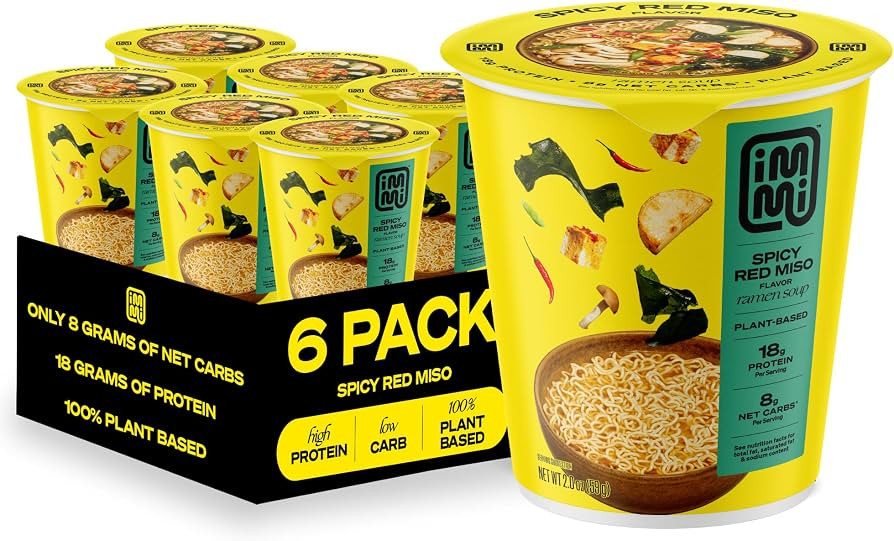 immi Spicy Red Miso Ramen Cup Noodles - 18g Plant-Based Protein, 8g Net Carbs, Keto Friendly, Hig... | Amazon (US)