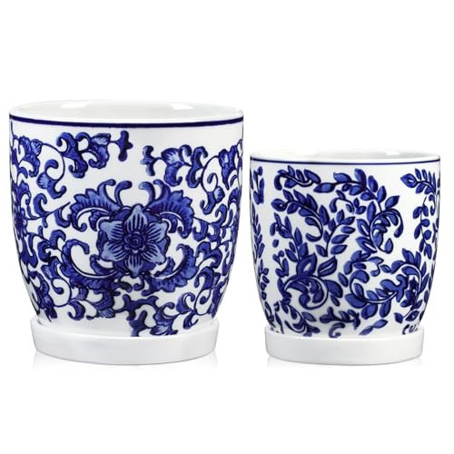 Set of 2 Ceramic Blue and White Plant Pots with Drainage Hole and Saucers, 4.3/5.5 Inches Ceramic Planters Round Flower Pots for Indoor Plants Succulent Cactus Orchid Flower, Indoor Outdoor Decor | Amazon (US)