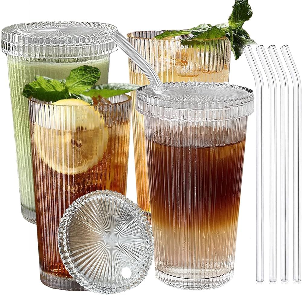 Xeiwagoo 4 Pack Ribbed Glass Cups With Lids and Glass Straws，Stripe Ice Coffee Glass Tumble Gla... | Amazon (US)