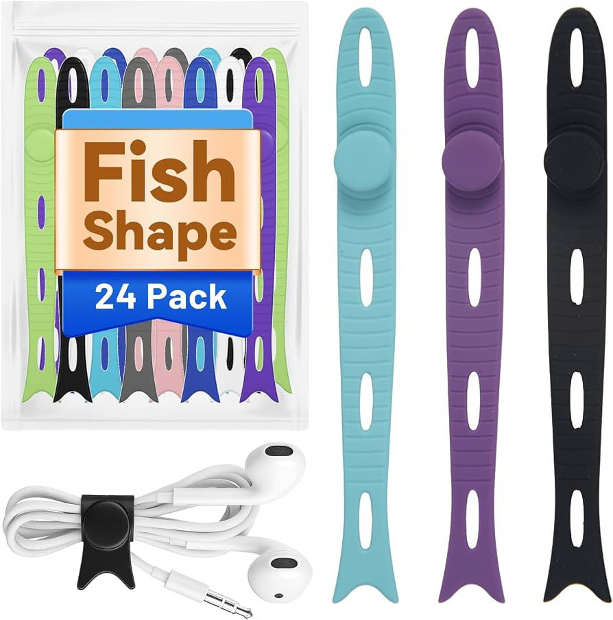 24-Pack Reusable Fish-Shape Silicone Cable Ties \u2013 8 Colors, 4.7\u201d Adjustable Cord Organi... | Amazon (US)